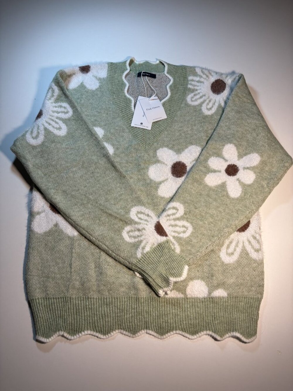 NWT Pink Queen Sage Green Daisy Fuzzy Sweater Scallop Trim Small